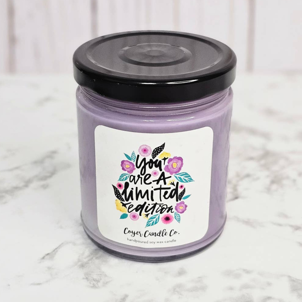 Coyer Candle Co Lilac Purple 9 oz Jar Candle "You are a limited edition" w Lid